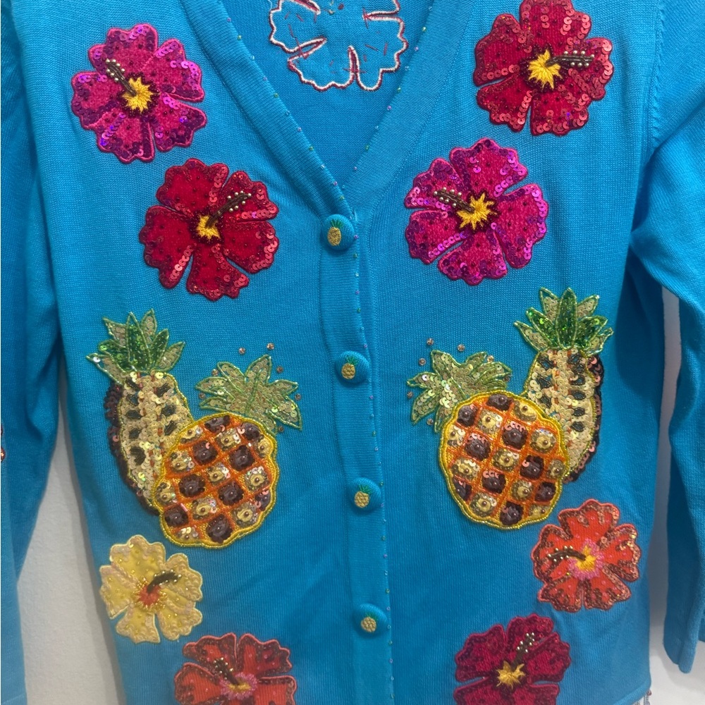 Just Be Blue Cardigan with Floral and Pineapple Embellishments size Medium - Picture 2 of 4